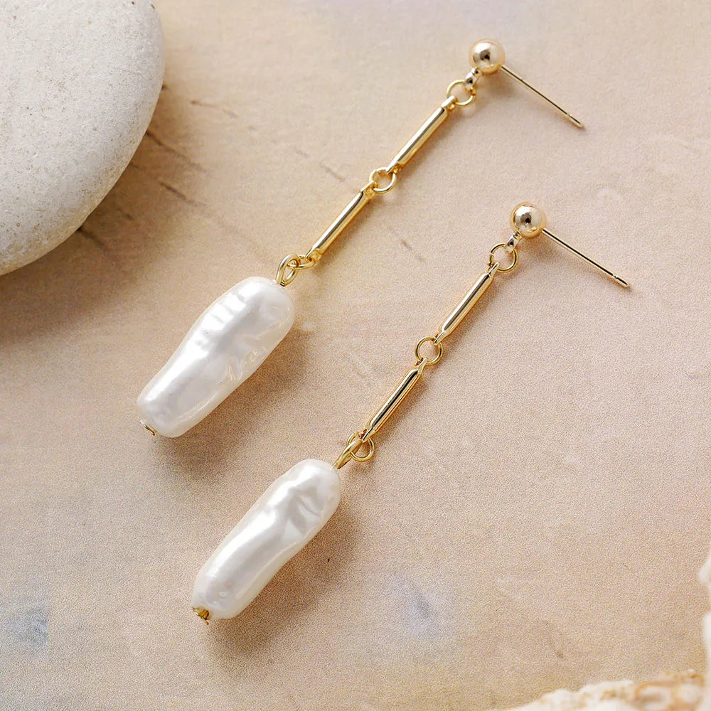 Elongated Shell Pearl Drop Earrings