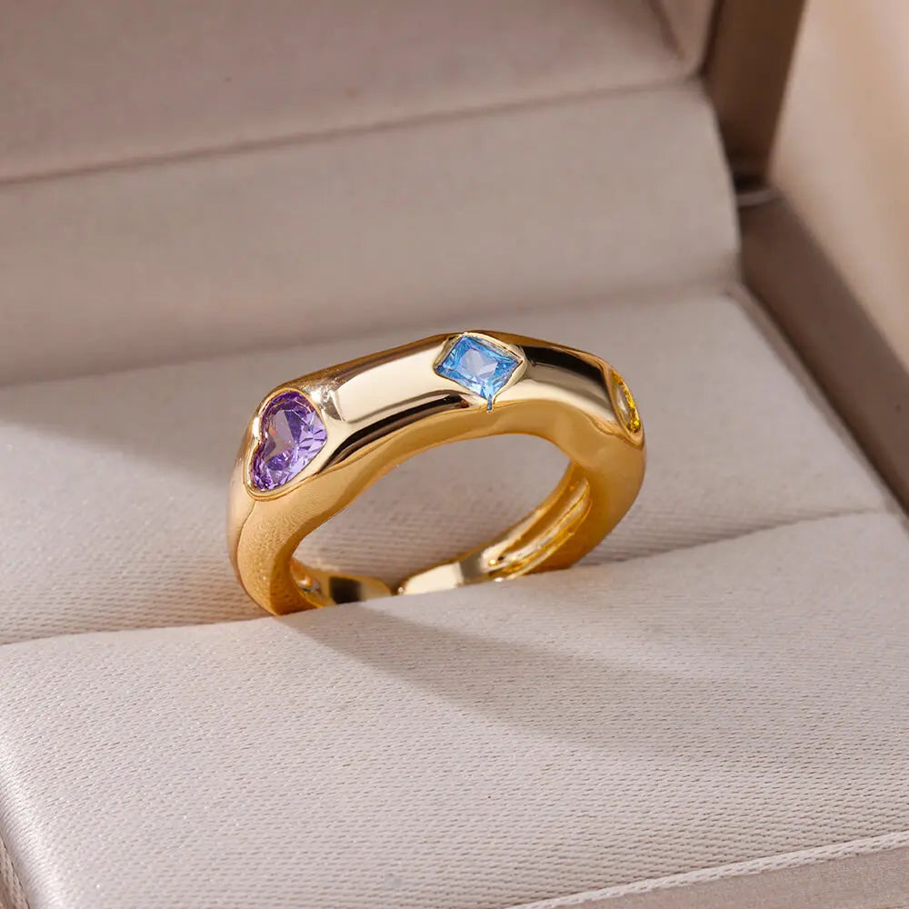 Bezel-Set Zircon Stones Ring - 18k Gold