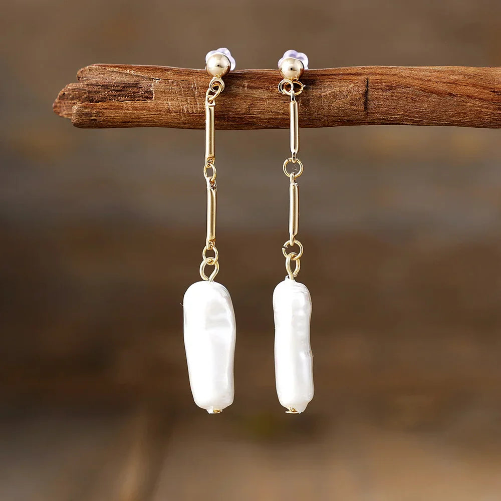 Elongated Shell Pearl Drop Earrings