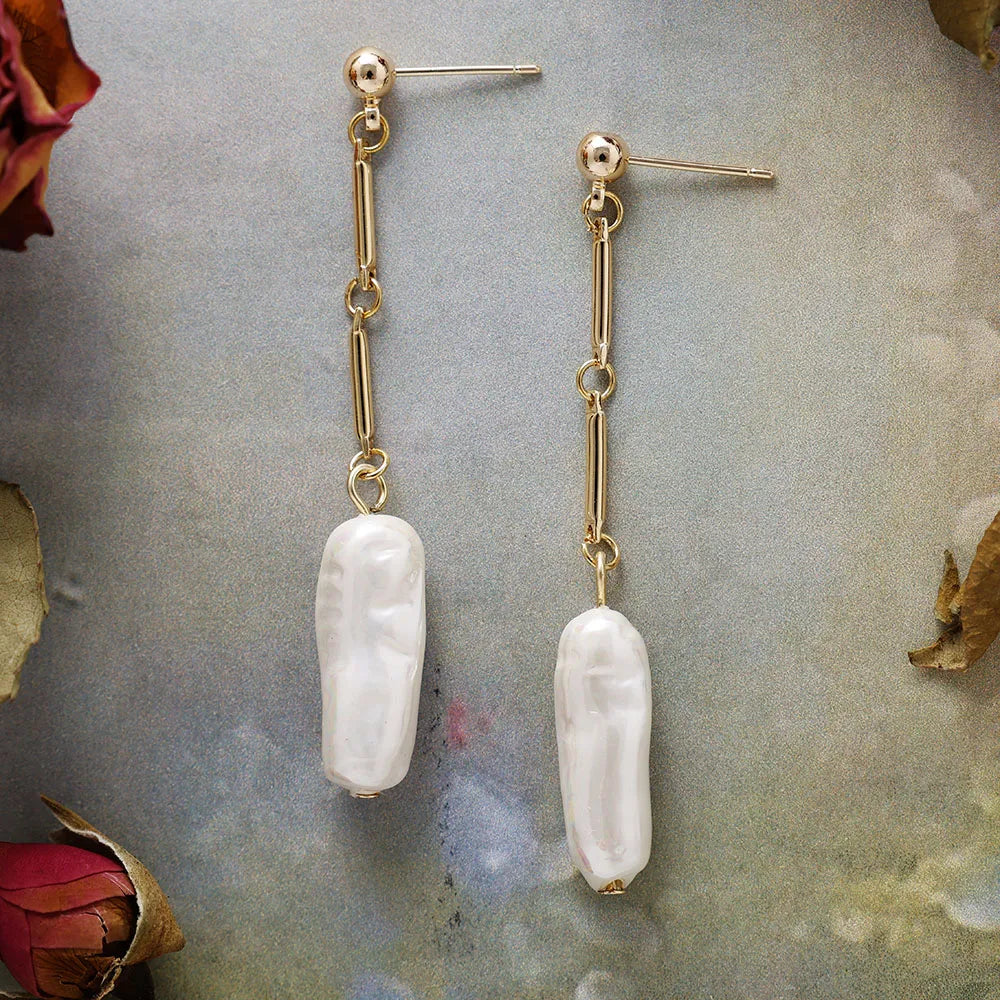 Elongated Shell Pearl Drop Earrings