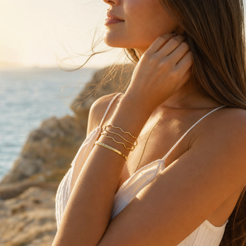 Sunlit Hammered Wave Bangle - Lifestyle