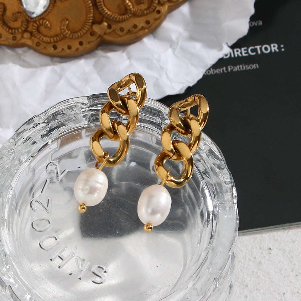 Cuban Style Pearl Drop Earrings