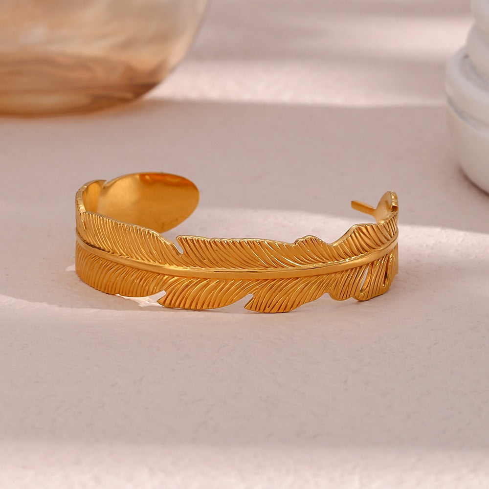 18k Gold Feather Statement Bangle