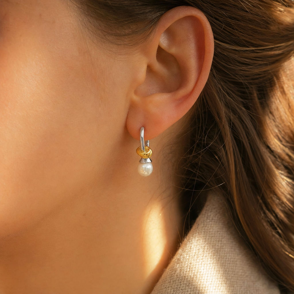 Halo Knot Pearl Hoop Earrings - Close-up