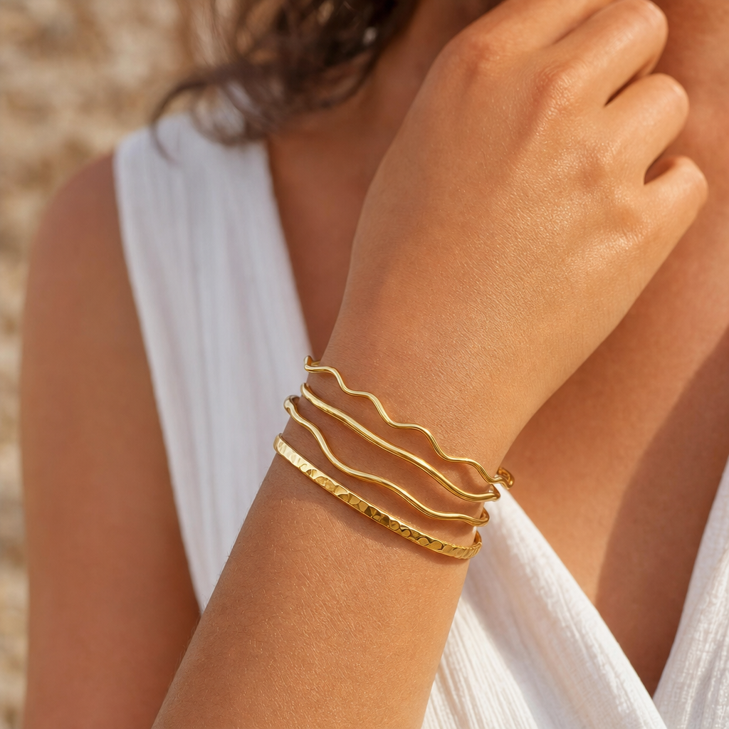 Sunlit Hammered Wave Bangle - Close-up